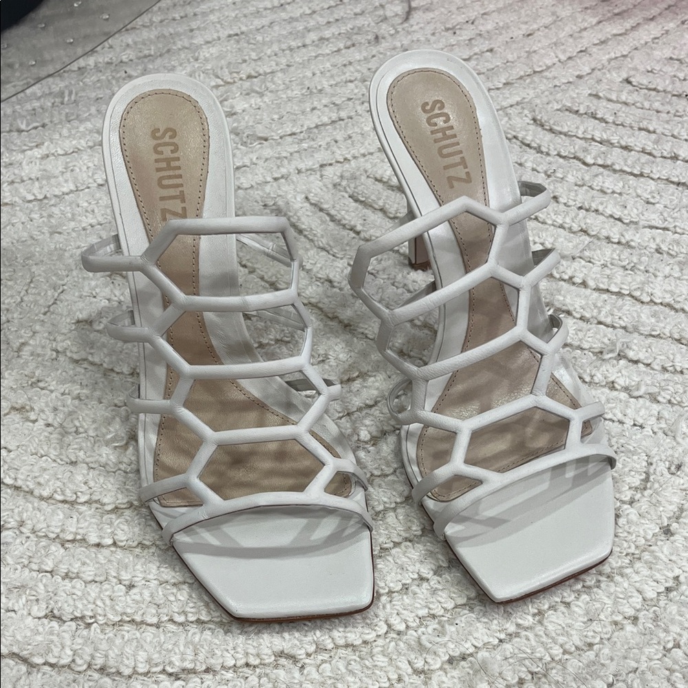 SCHUTZ White Geometric Strappy Heels